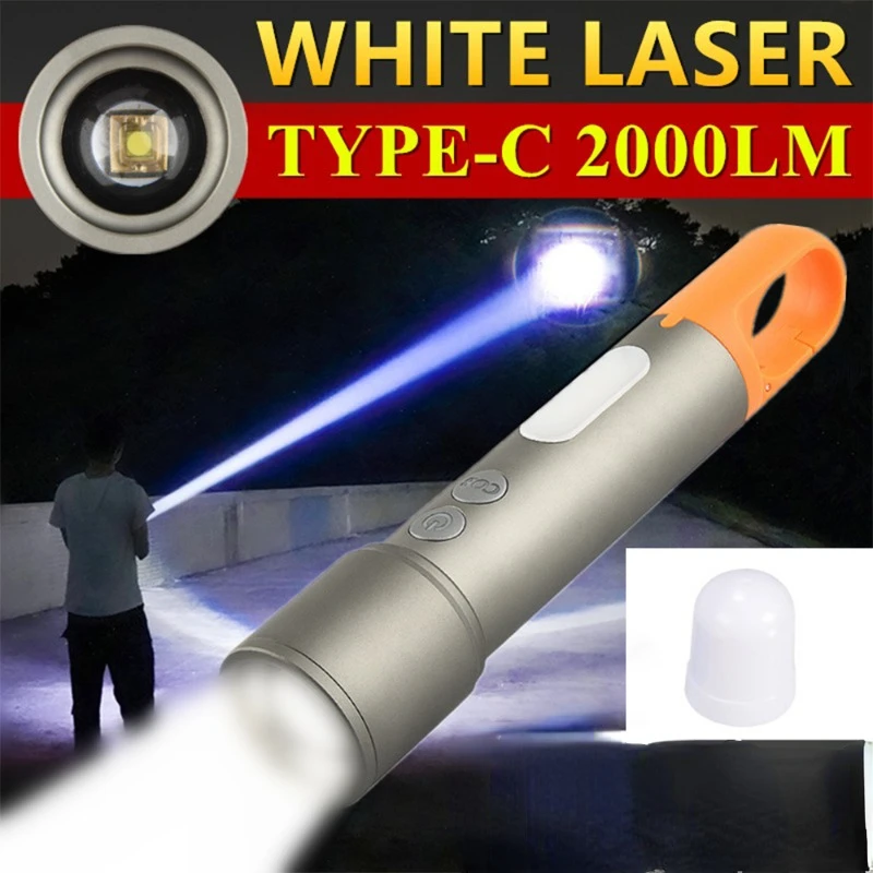 Poderoso Laser Branco Lanterna Led Usb-c Recarregável Zoom Holofotes Portáteis para Acampamento Caminhadas 800m de Longa Distância 2000lm