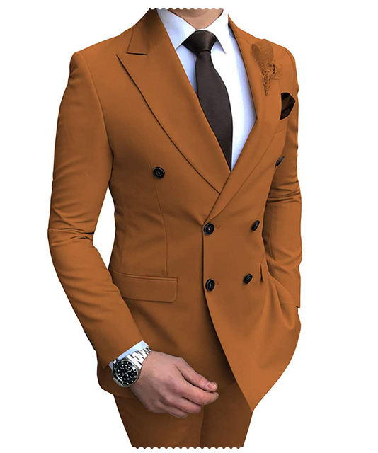2024 New Beige Men's Suit 2 Pieces Double Breasted Notch Lapel Flat Slim Fit Casual Tuxedos For Wedding(Blazer+Pants) - light brown, Custom size