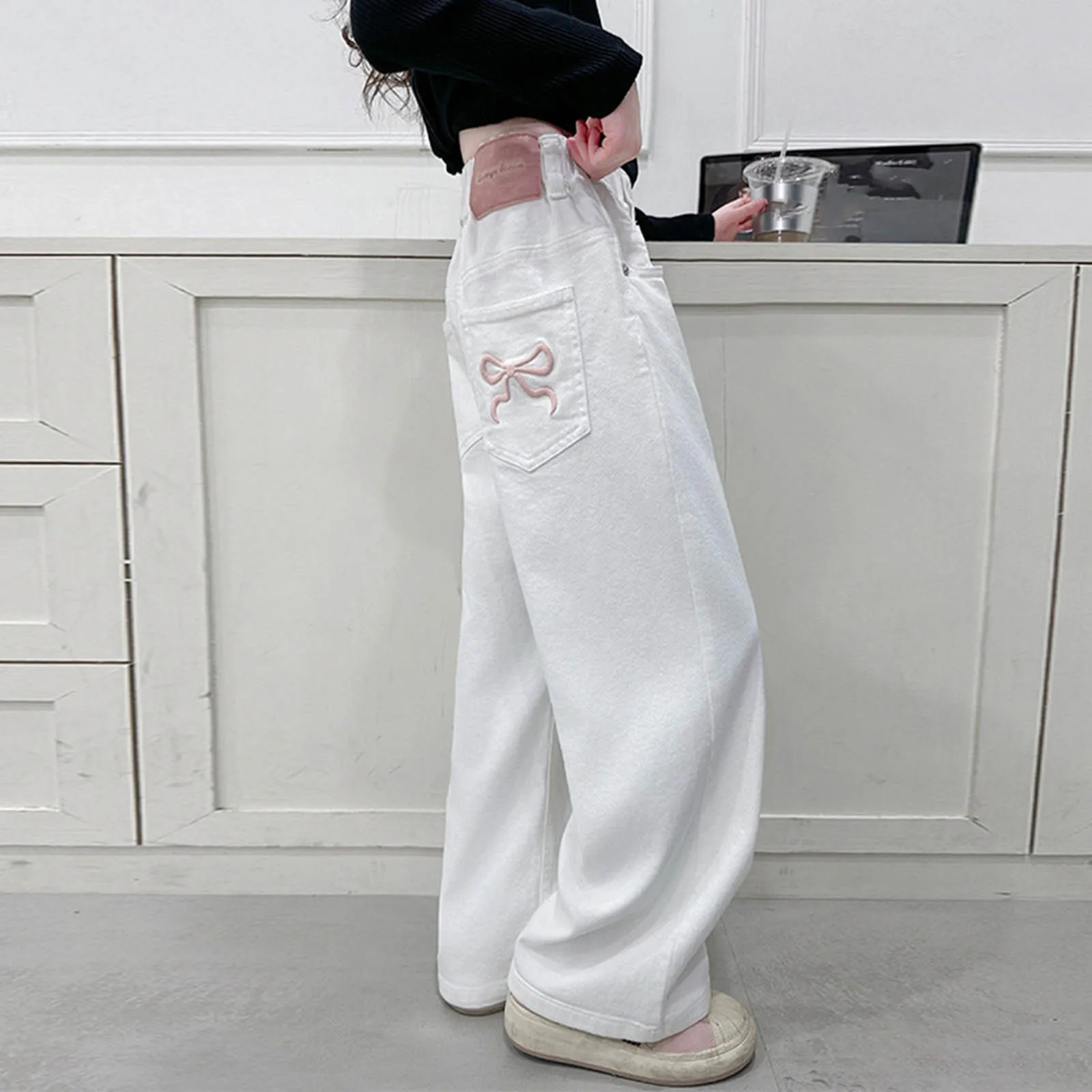  바지 9-12개월 소녀 소녀 스위트 보우 스트레이트 레그 바지 세련된 캐주얼 와이드 레그 청바지 화이트 다용도 긴 바지