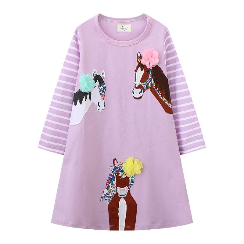 Jumping Meters 2-7T Baby Dresses Long Sleeve Horse Applique Children's  Fashion Birthday Kids Clothing Autumn Spring Toddler