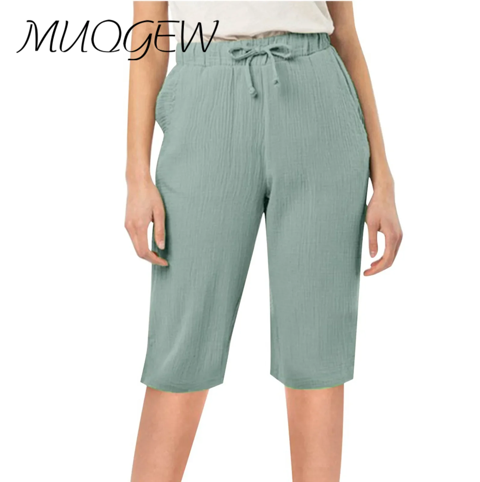 

Capris Half Pants For Women High Waist Textural Casual Shorts 2024 Summer New Drawstring Elegant Knee Length Pants With Pockets