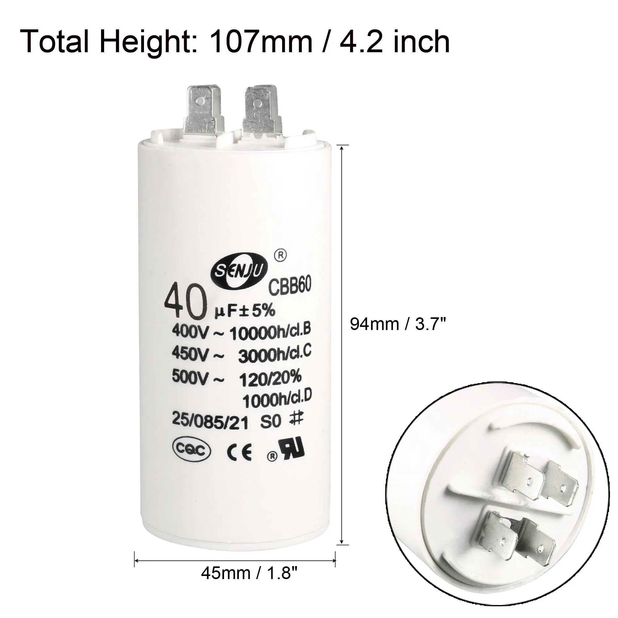 CBB60 Run 캐패시터 AC450V 12, 14, 16, 25, 30, 35, 40, 60, 80uF 더블 인서트, 50Hz, 60Hz 실린더, 공기 압축기 워터 펌프 모터용 화이트