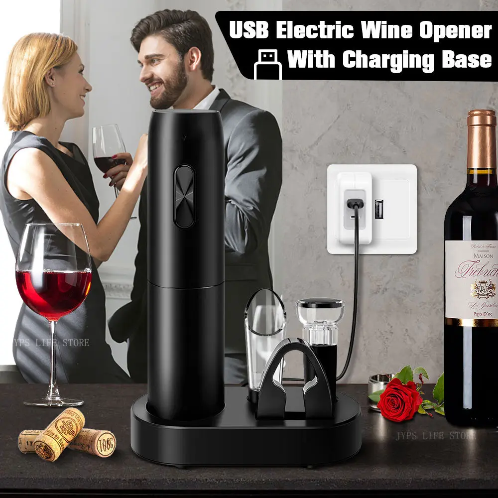Electric Wine Opener Set with Charging Base Automatic Corkscrew with Aerator Pourer and Foil Cutter for Kitchen Bar Party Gifts