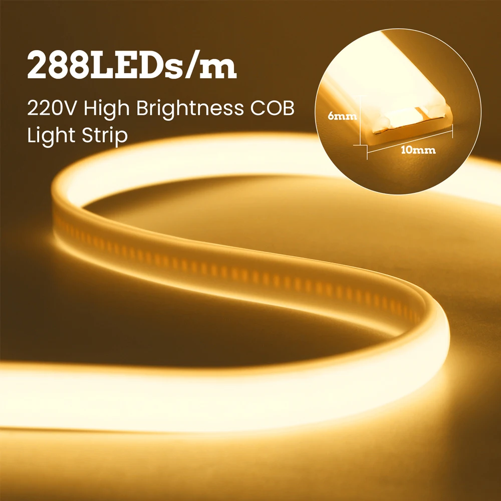 220V 스위치 COB Led 스트립 라이트 ON/OFF 레드 그린 핑크 따뜻한 자연 흰색 288Leds/M 방수 유연한 네온 램프 홈 인테리어