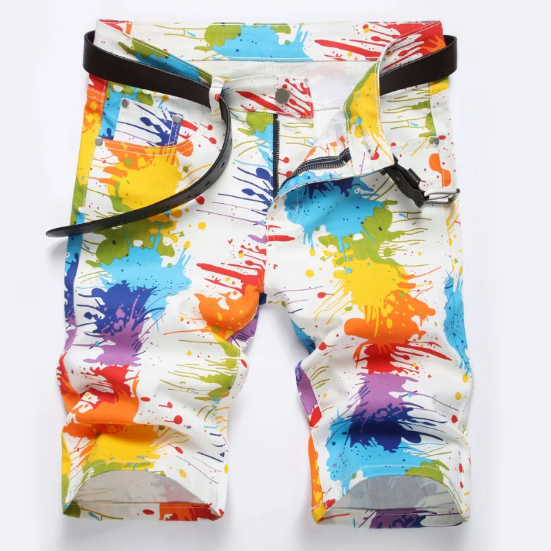 Printed Denim Shorts Men Summer Straight Graffiti Fivepoint Pants Knee Length Fashion Paint