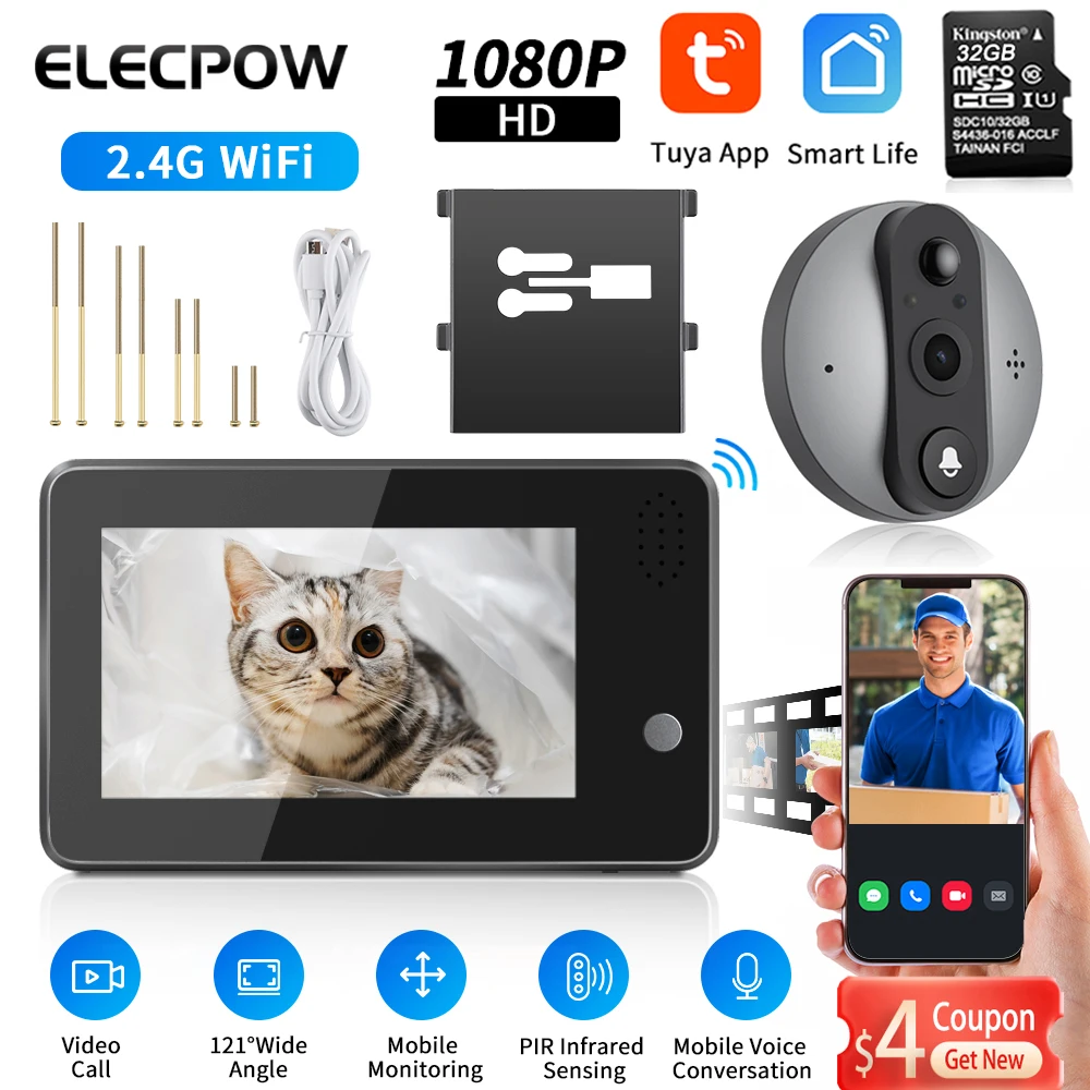 Elecpow 4.3inch Smart Home Tuya Peephole Doorbell Camera 1080p 200w