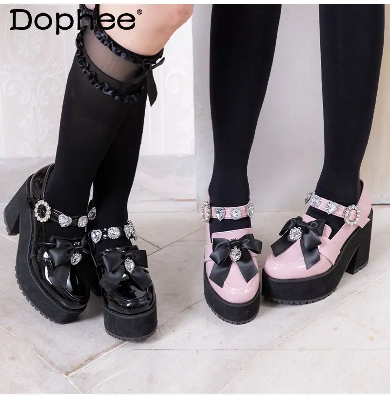 

Japanese Rhinestone Love Heart Bow Mine Mass-Produced Platform Mary Jane Shoes Female Leather Pumps Girl Shoes Women's Heels