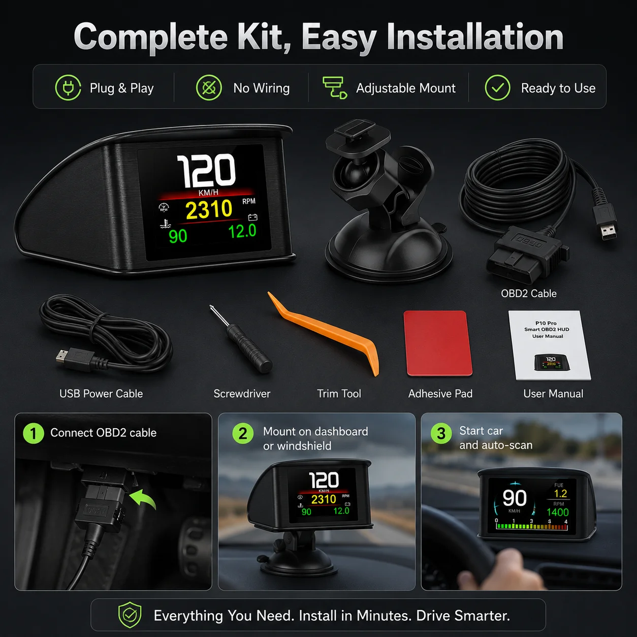 AD P10 OBD2 스마트 미터 디지털 HUD 헤드업 디스플레이 자동차 속도계 온도 RPM 마일리지 게이지 HUD 자동차 진단 도구
