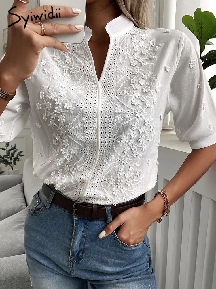 Syiwidii Floral Embroidery White Blouse Women 2022 Summer Short Sleeve Cotton Hollow Out Casual Loose Office Ladies Fashion Tops |