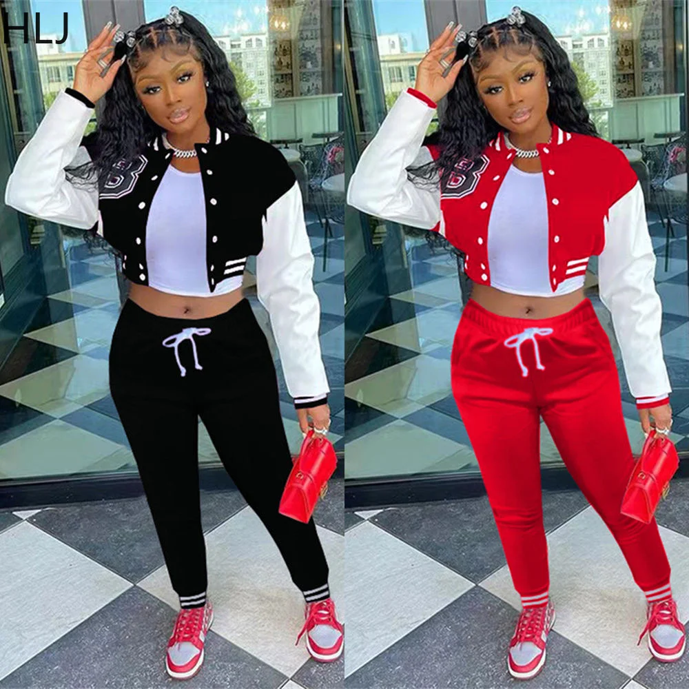 

HLJ Casual Color Patchwork Tracksuits Women Button Long Sleeve Crop Coat + Jogger Pants Two Piece Sets Female Print 2pcs Outfits