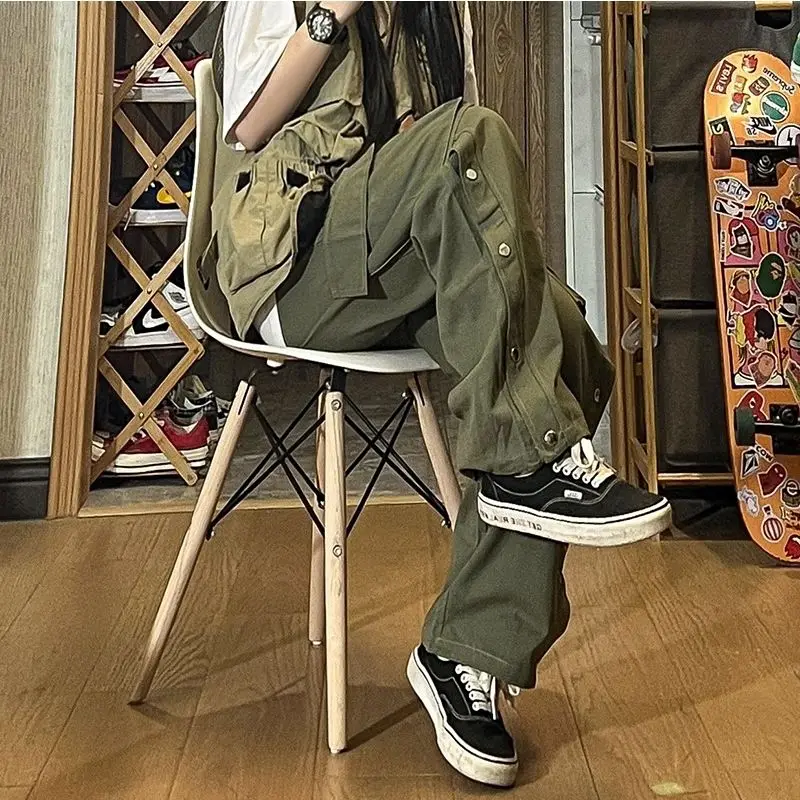 Summer New Solid Color Fashion Elastic Waist Cargo Pants Man Drawstring Pockets Patchwork Button Pure Cotton Y2K Straight Pants