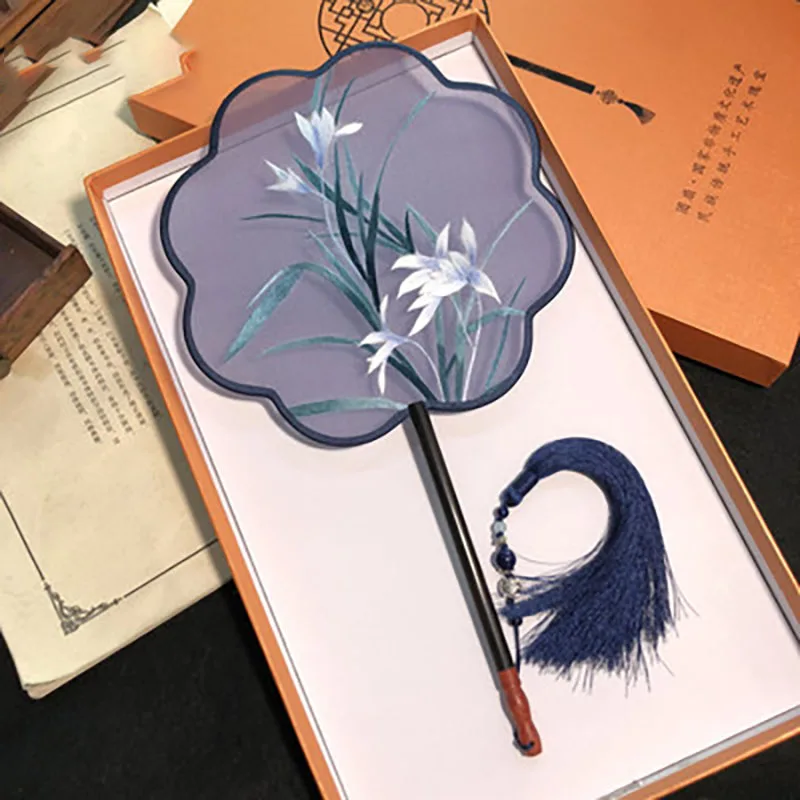 Chinese Suzhou Double-sided Embroidery Hand Held Fan, Ancient Dance, Translucent Silk, Round Circular Fan with Tassel, Chinese H