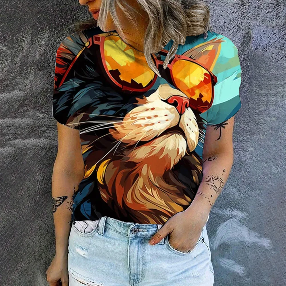 Casual Sports Comfortable O-Neck Short Sleeve Top Summer New Loose Breathable T-shirt Fashion Cat Print Women Short Sleeve
