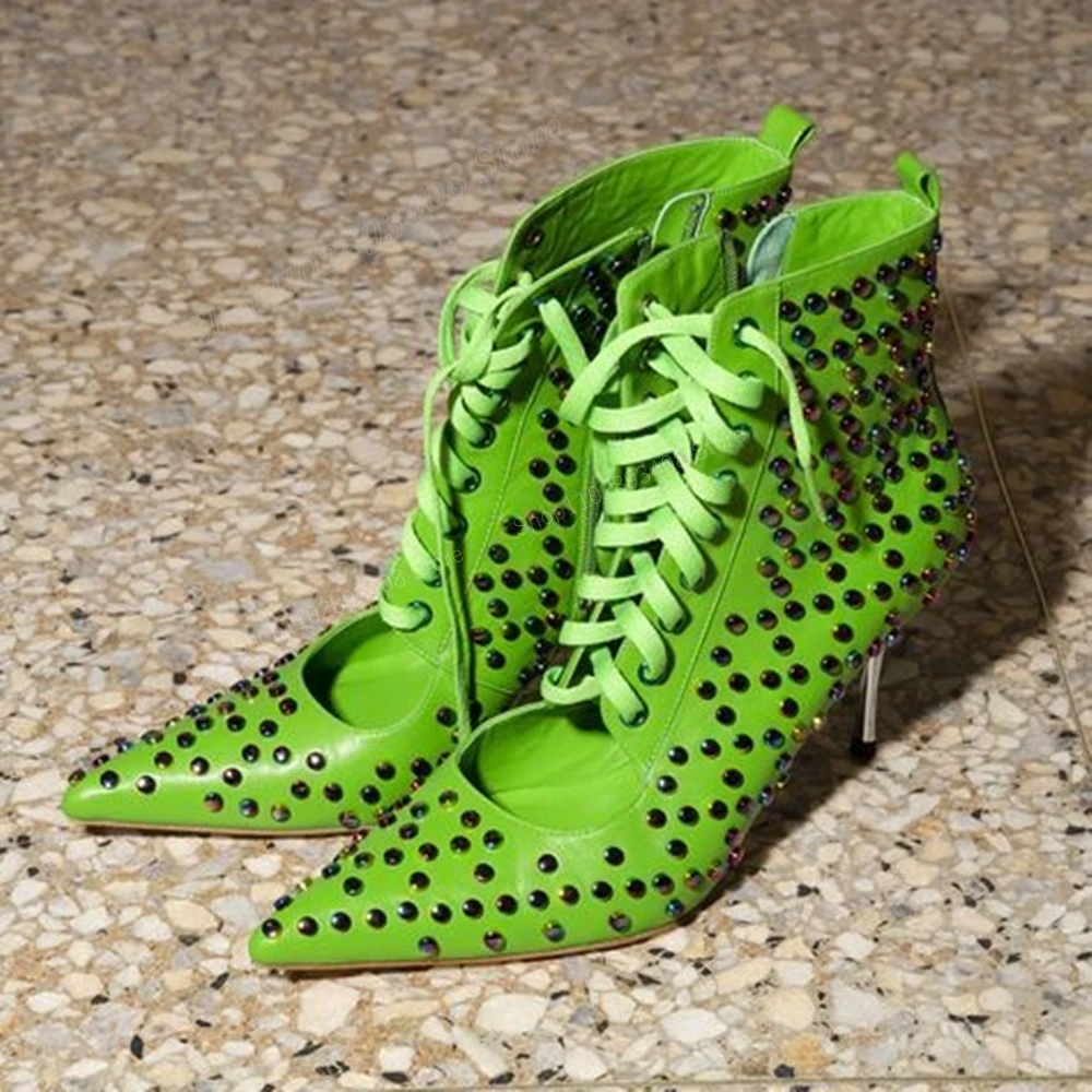 

Green Rivets Decor Cross Tied Ankle Boots Lace-up Pointed Toe Stiletto High Heel Women Shoes 2024 New Sexy Zapatos Para Mujere