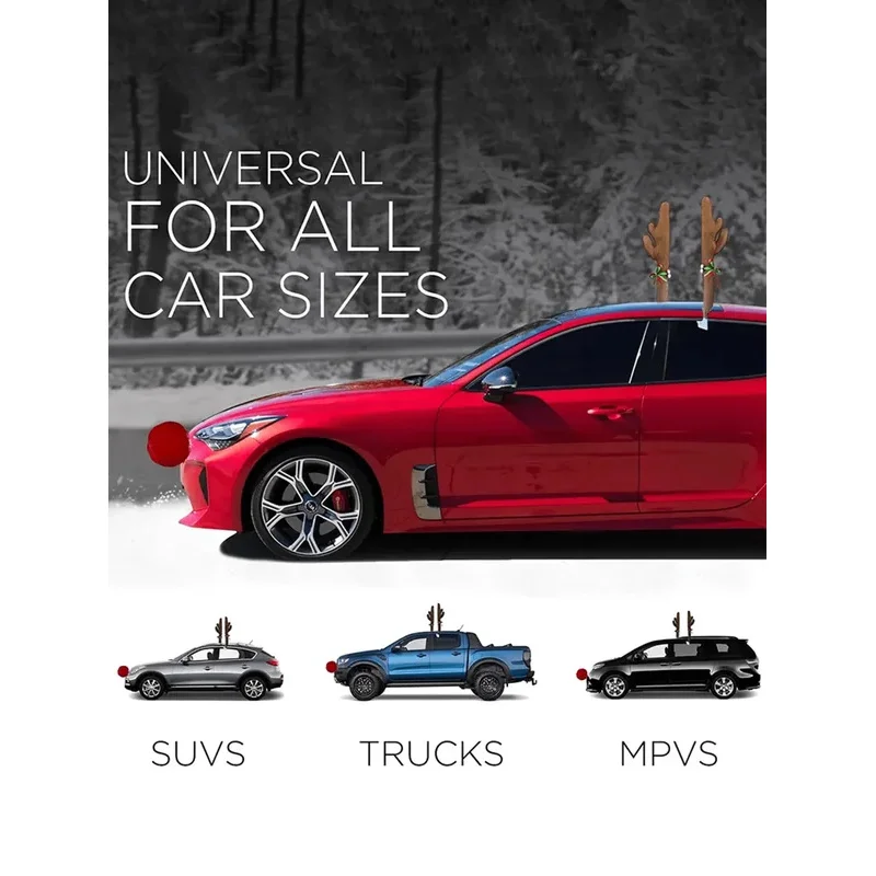 2026 Winter New Christmas Reindeer Antler Car Decoration Kit – Rudolph Red Nose + Jingle Bells, Festive Auto Accessory Gift.