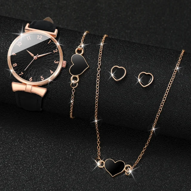 Relógio de quartzo com coração para mulheres, relógios casuais, pulseira de couro, moda feminina, sem caixa, 4 pçs/set 3