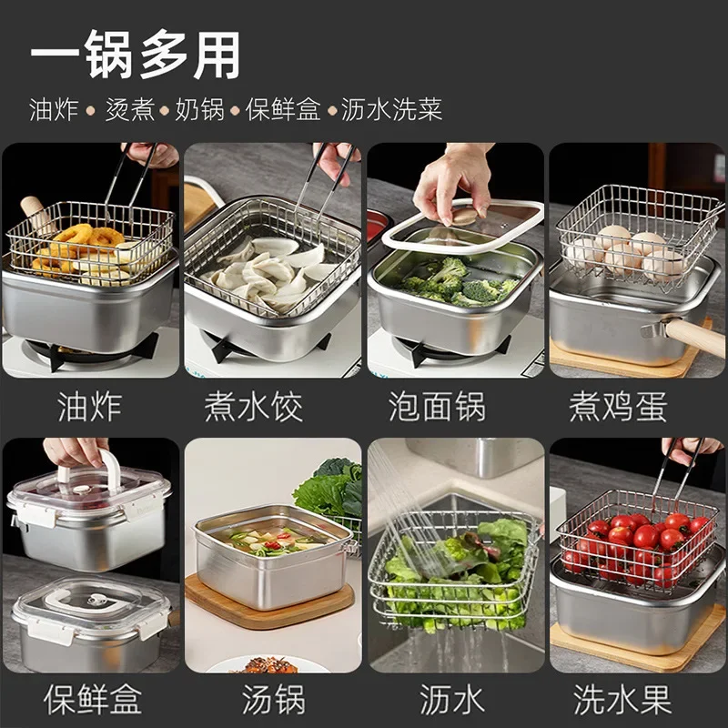 Export quality Multi-purpose fryer Household small 316 stainless steel with filter drain basket with lid Square pot 6
