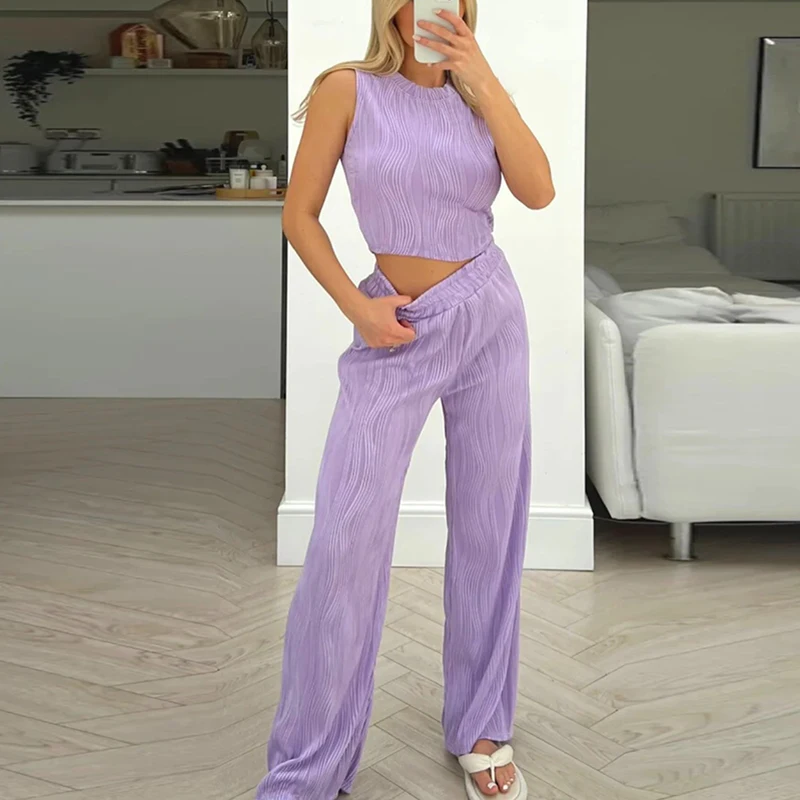 

Женский костюм из жилета без рукавов с круглым вырезом и брюк, повседневный текстурный комплект с высокой талией, модный однотонный уличный прямой костюм, лето