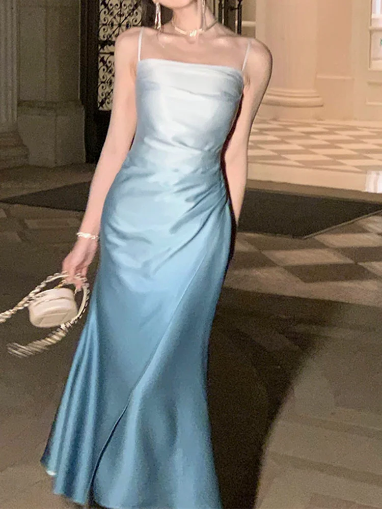 

Summer Blue Dress Elegant Luxury Evening Dresses Gradient Strap Long Skirt Women's Clothing Trend 2023