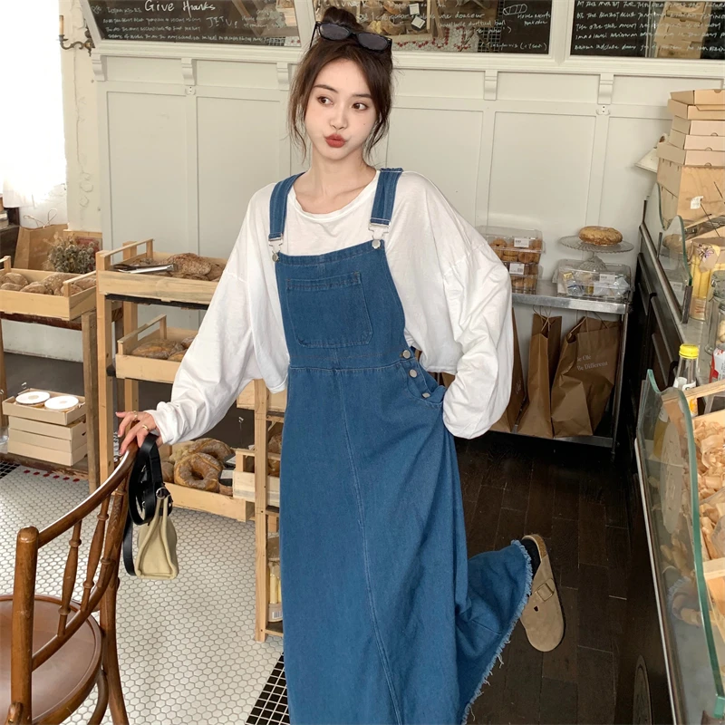 早期品切れ間近★韓国人気【 JEANS】Embroidered Dress Notched Collar Patchwork Women Denim Dress 2022 New Puff