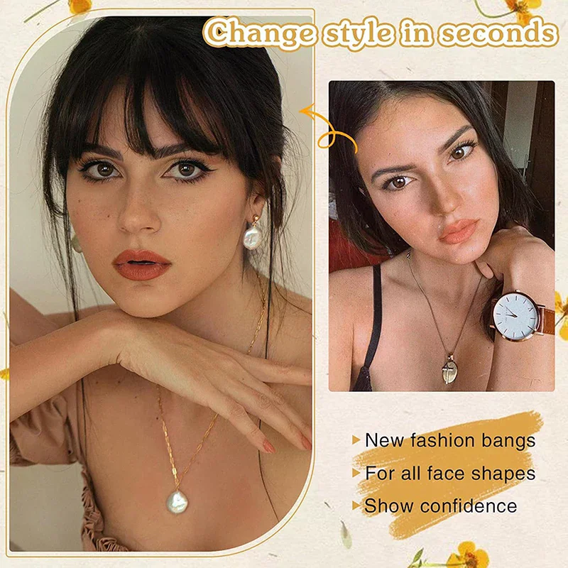 Frangia sintetica ad aria finta Estensione naturale dei capelli Frange anteriori Parrucchino Nero Marrone Clip in frangia Doppi basette Styling dei capelli - immagine 3