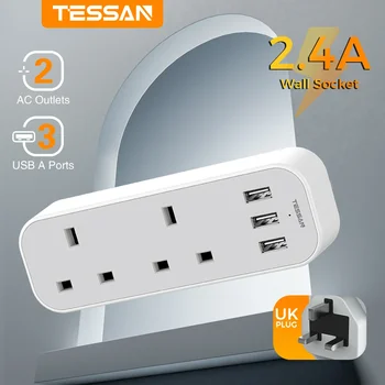TESSAN 3250W Wall UK Plug Adapter with 2 AC Outlets and 3 USB Charging Port 2 Way Multi-Socket Extension Adapter for Home Office