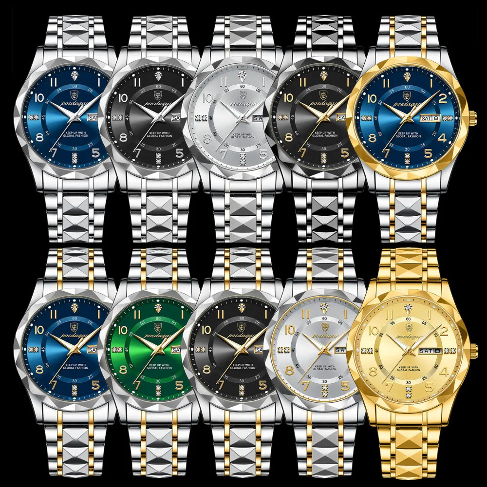 POEDAGAR Fashion Men's Watches Big Arabic Numerals Dial Male Wristwatch Waterproof Luminous Date Week Original Quartz Watch Man 6
