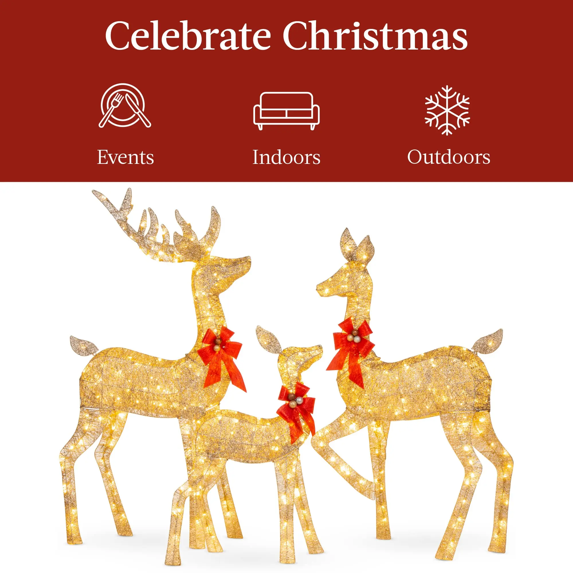 3-Piece Large Lighted Christmas Deer Family Set 5Ft Outdoor Yard Decoration with 360 LED Lights, Stakes, Zip Ties-Gold