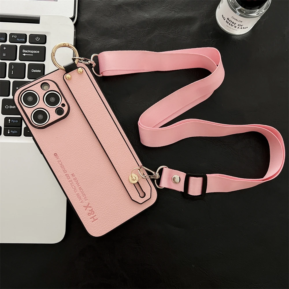 thumbnail image 1 of Luxury Litchi Leather Wrist Strap Stand Phone Cases For iPhone 15 14 Pro Max 13 12 Mini XS XR 7 8 Plus Necklace Crossbody Cover, 1 of 5