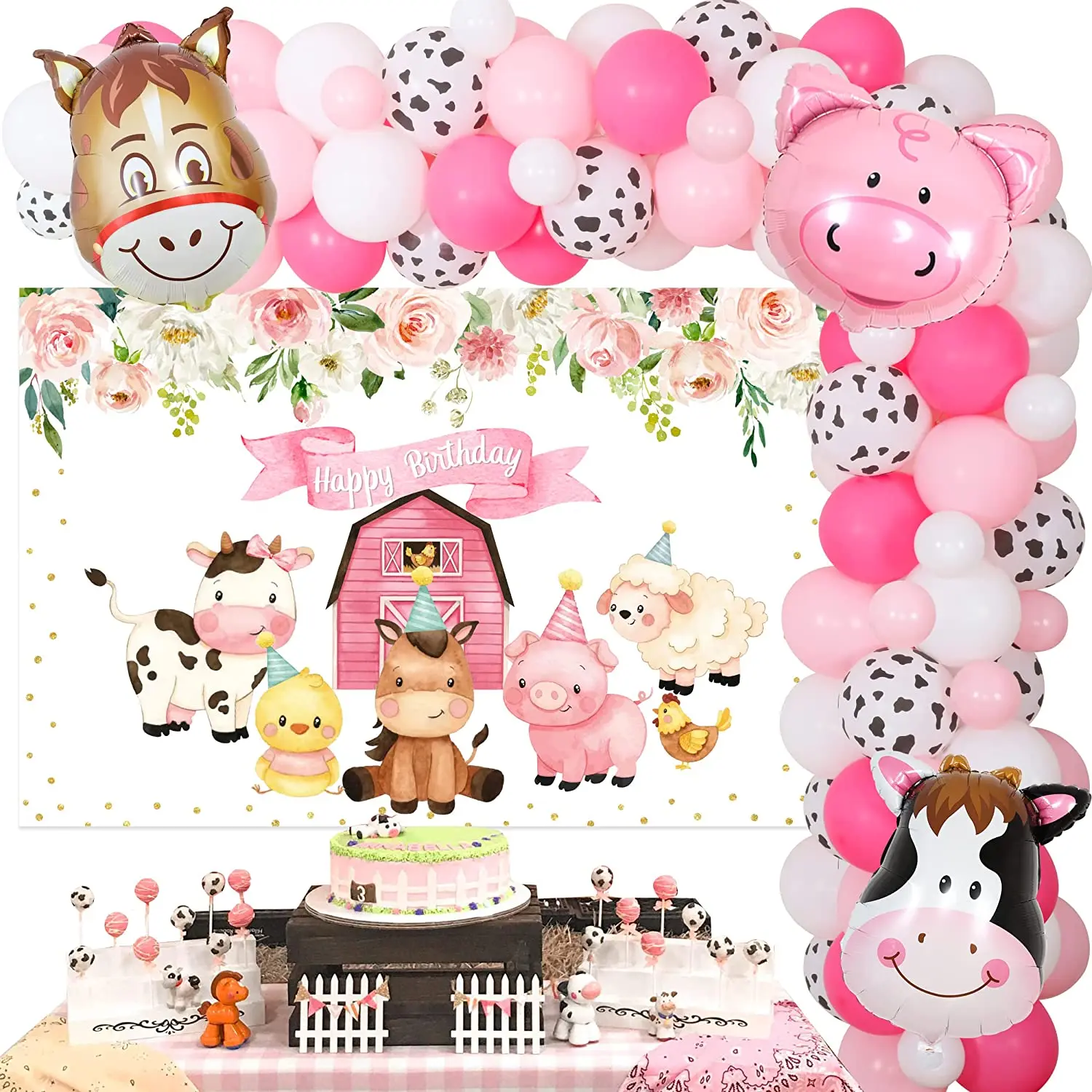 

Funmemoir Farm Animals Theme Birthday Decorations Pink Cow Balloon Garland Kit Farm Birthday Backdrop for Girls Party Supplies