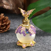 Gold Purple Pink Flowers Glass Perfume Bottle With Metal Butterfly Lid Empty Refillable 25ml Round Frost Fragrance Containers 1