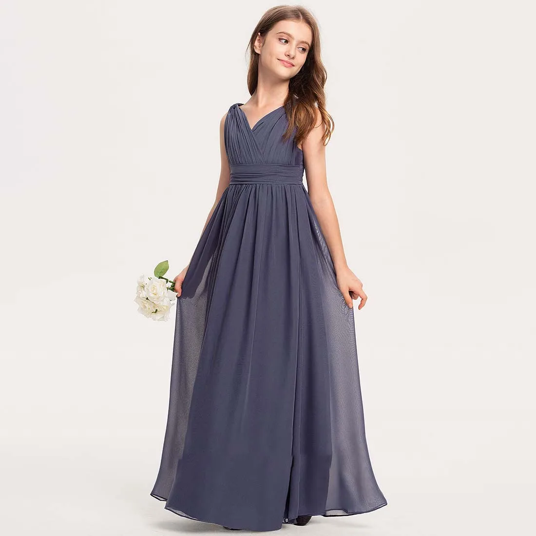 YZYmanualroom Chiffon Junior Bridesmaid Dress With Pleated A-line V-Neck Floor-Length 2-15T