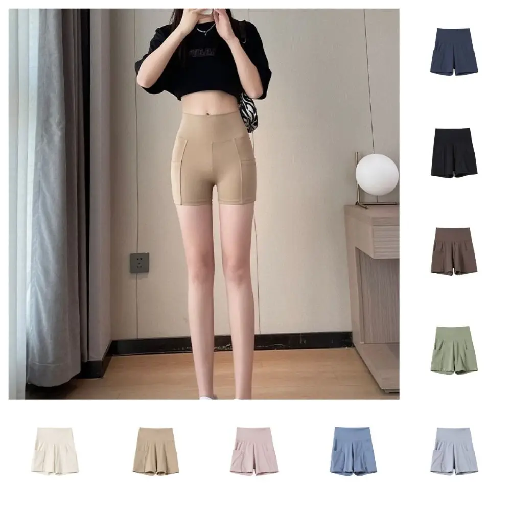 

Seamless Biker Shorts with Pockets Streetwear Tummy Control Breathable Peach Butt Butt Lifter Female