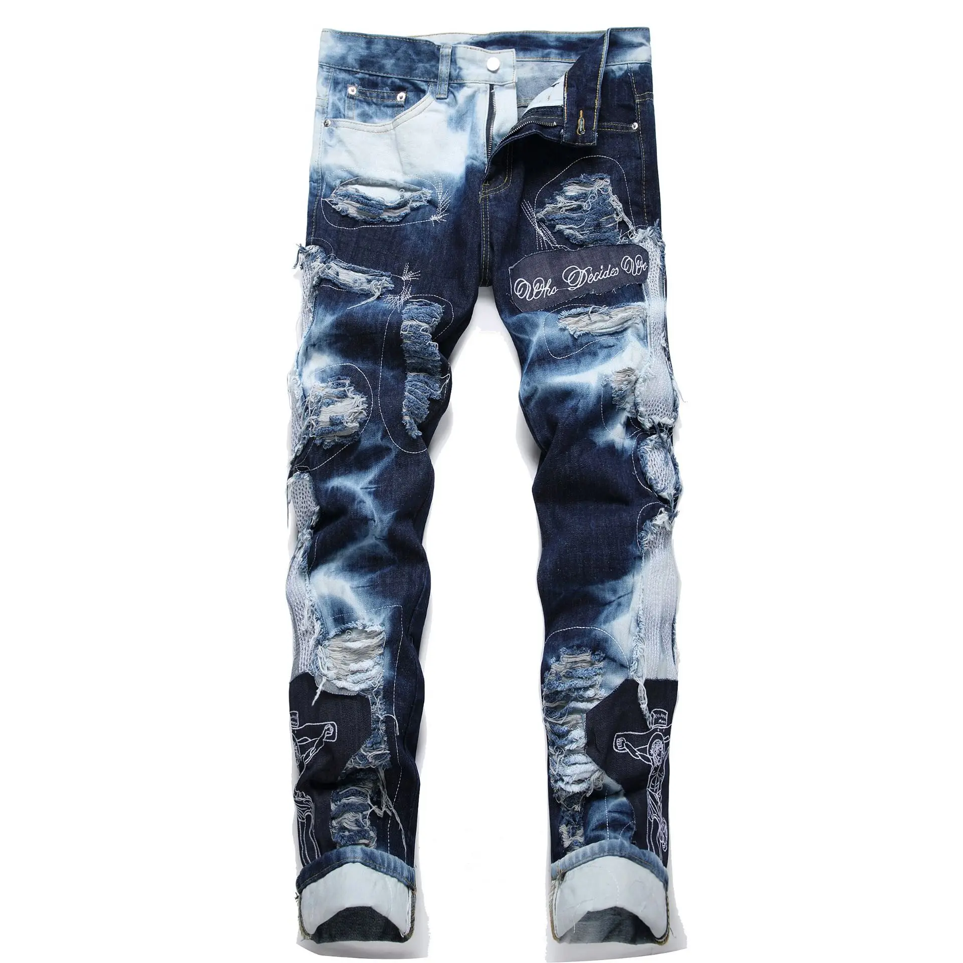 

2024 New Spring Patched Jeans For Men Tie-dye Slim Fit Pants Letter Embroidery Long Denim Trousers