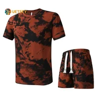 Summer Mens Sports 2 pieces Sets Corduroy Quick Dry Suit Casual Running Tracksuit Gym Fitness Set T Shirts Shorts Men Sportswear 1