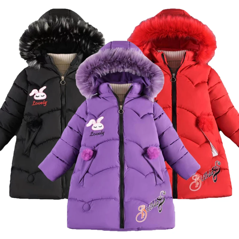 

2023 New Style Winter Keep Warm Girls Jacket 4 Color Cartoon Rabbit Pattern Detachable Cap Thick Hooded Coat With Fur Collar