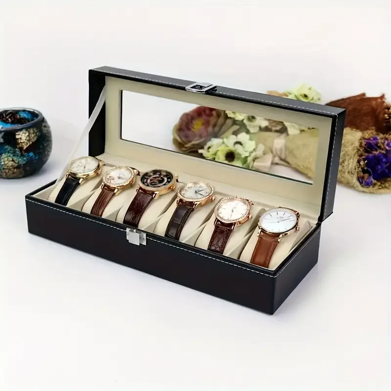 6 Slots Watch Boxes, Watch Display Storage Box PU Leather Jewelry Collection Case Organiser Holder, Christmas Gift for Men