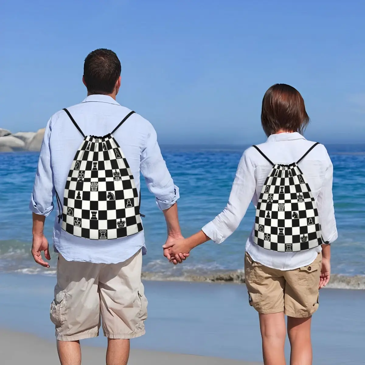 Custom Fashion Chess Drawstring Bags Women Men Lightweight Chessboard Game Sports Gym Storage Backpack