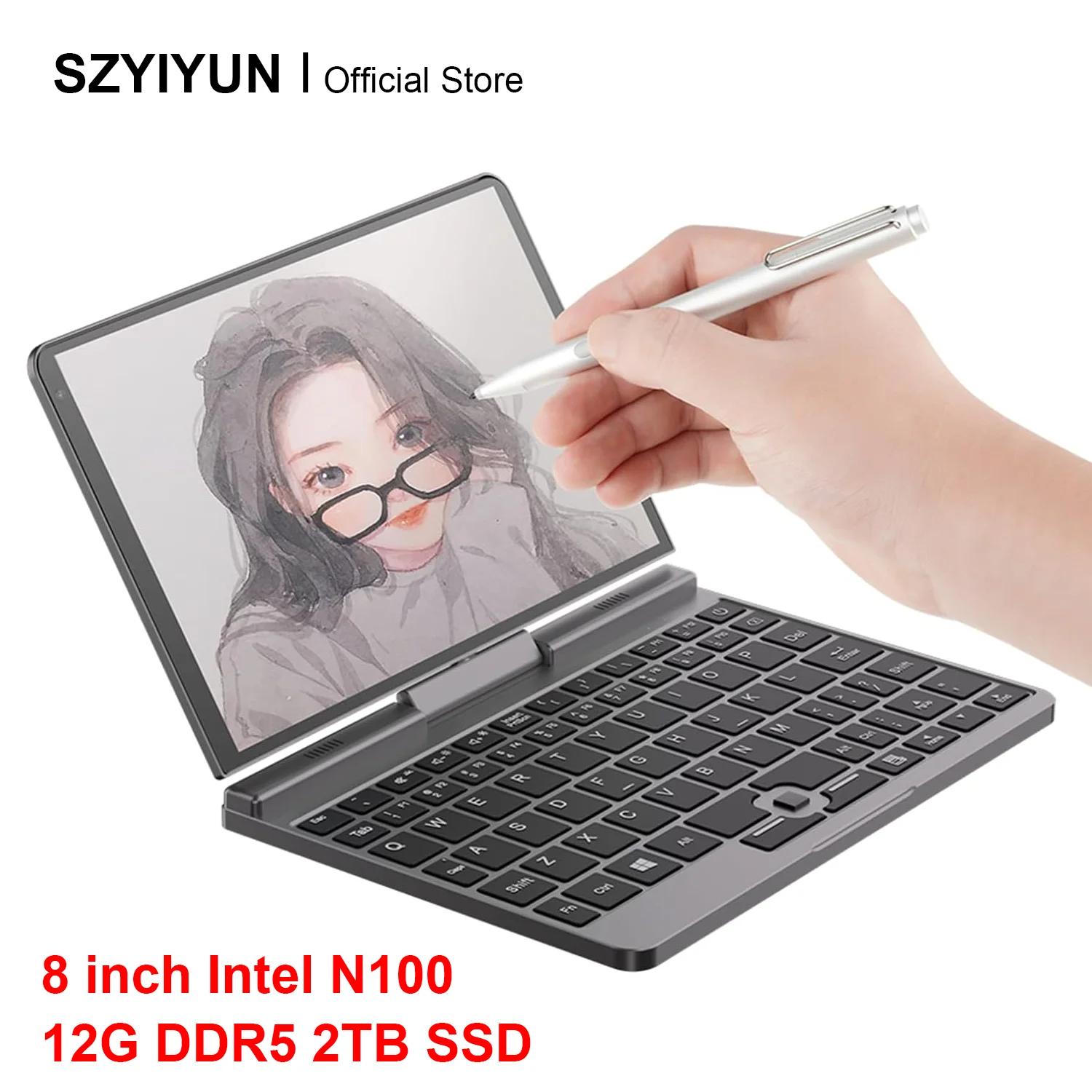 

SZYIYUN 8-Inch 2-in-1 Flip Mini Laptop,12th Gen Intel CPU 12GB DDR5, Touch Screen Portable Presentation PC, Windows 11 Notebook