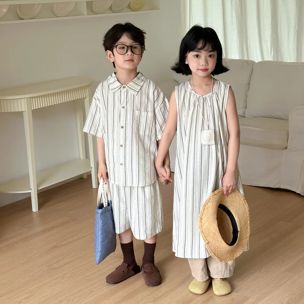 

Children Clothing Suit 2024 Summer Korean Style Short Sleeve Shorts for Boys and Girls Two-piece Set Vertical Stripes Sundress