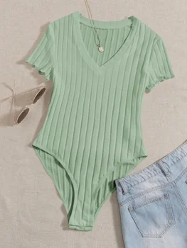 New summer fashion women's V-neck, dense breasted solid color tights top 1