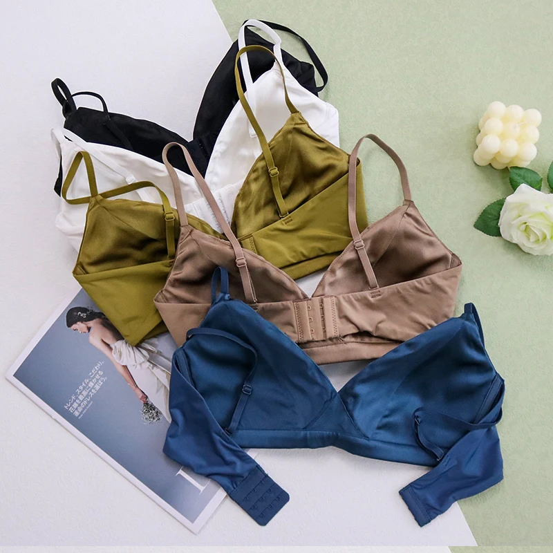 SuyaDream Women Silk Bra Set 92%Silk 8%Spandex Thin Mold Cup Wire Free Underwears 2022 Comfortable Intimates Blue Black