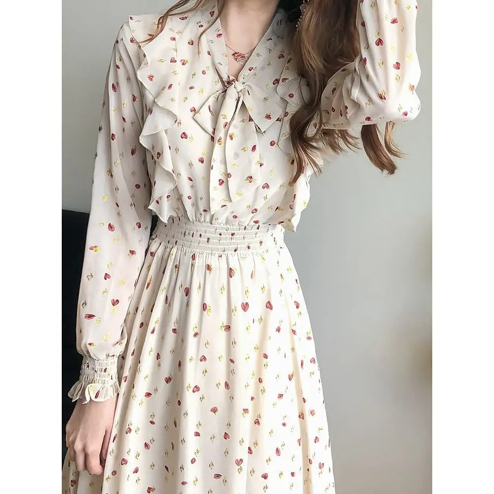 

french floral dress for women 2023 spring autumn fashion design bow print dress female elegant waist Slim fit Korean midi dress