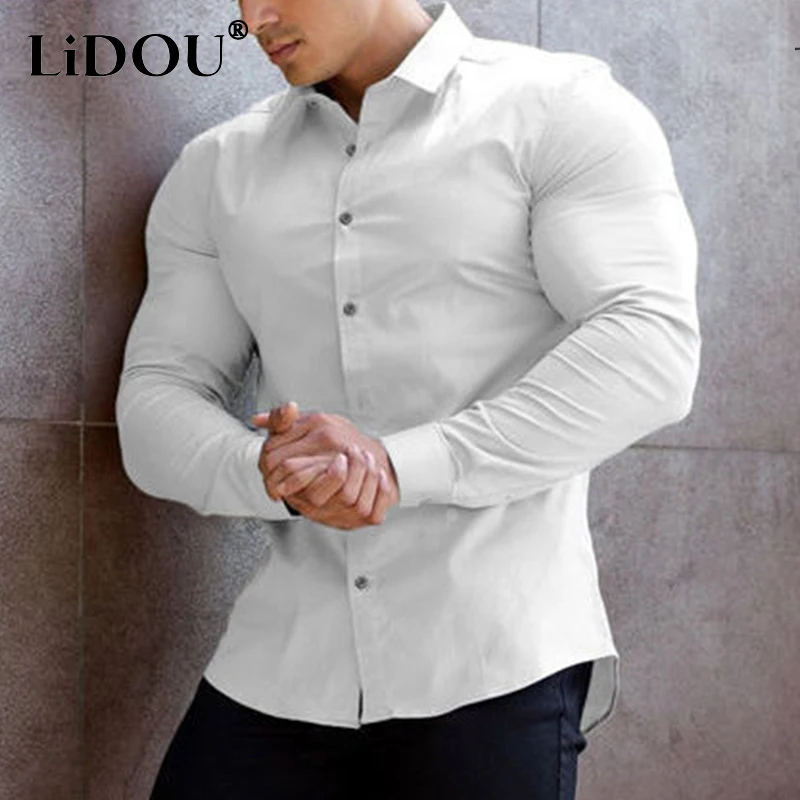 Spring Autumn Super Slim Fit Plain Bussiness Long Sleeve Men's Shirts Anti-wrinkle Muscle Polo Neck Solid Business Blouses Homme