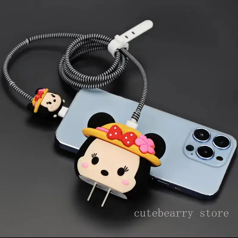 Disney Mickey Minnie Mouse for Apple 18/20W Adapter Charger Case with Cable Bite Protector Cute TPU Soft Protective Data Cable
