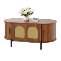Table basse ovale avec portes coulissantes en rotin, pieds en métal couleur bois, table de rangement multifonctionnelle pour salon 6