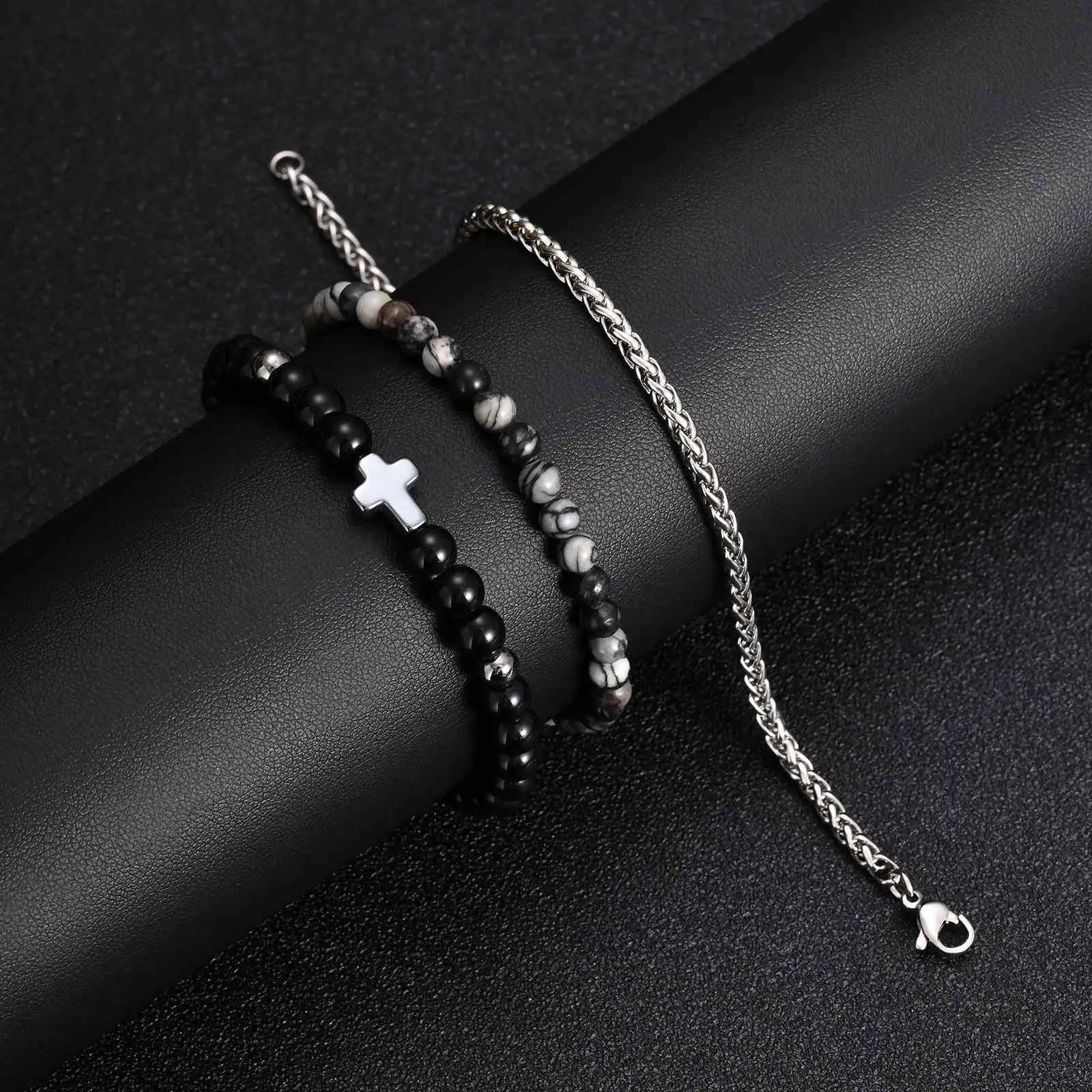 3pcs Men's Cross Beaded Bracelet,Punk Stainless Steel Chain Bracelet,Vintage Trendy Jewelry Gift for Him Boys