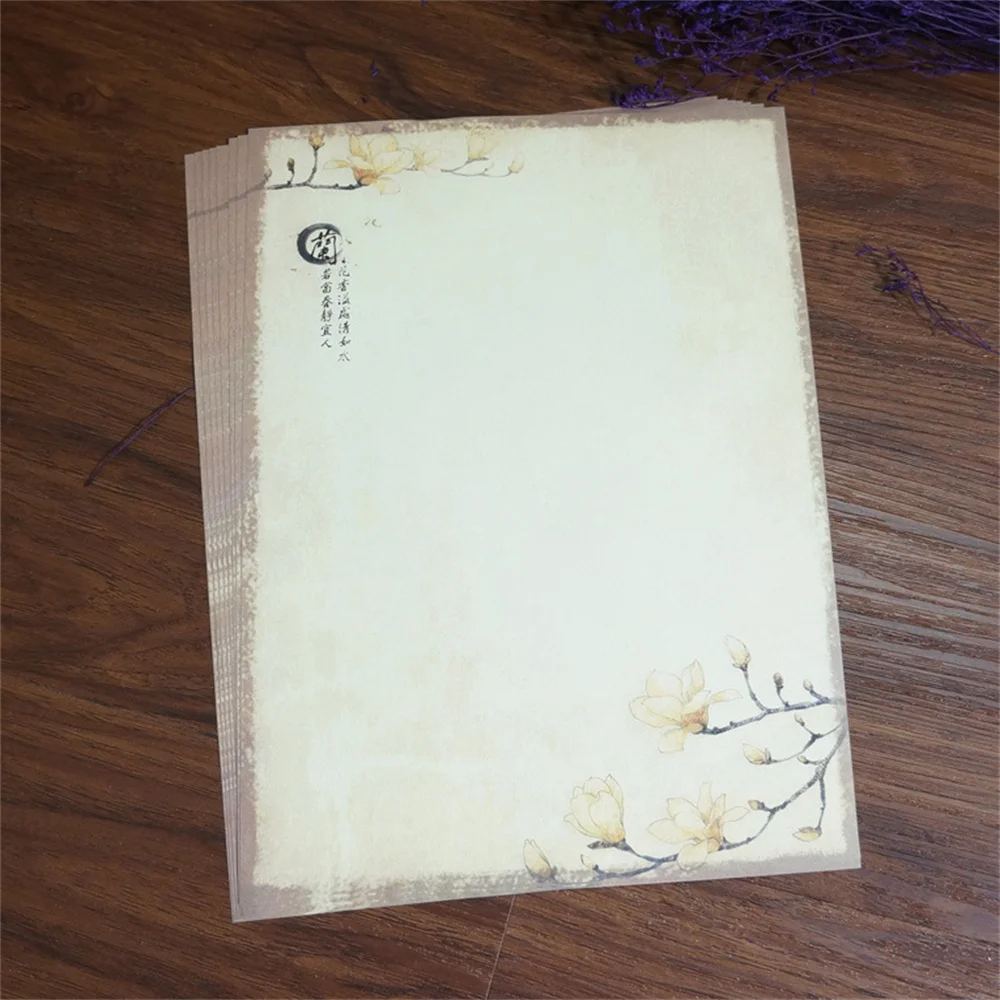 80Pcs Paper Letter Set Chinese Style Souvenirs Gifts Writing Vintage Retro Ancient Ink Painting Magnolia Flower Storage