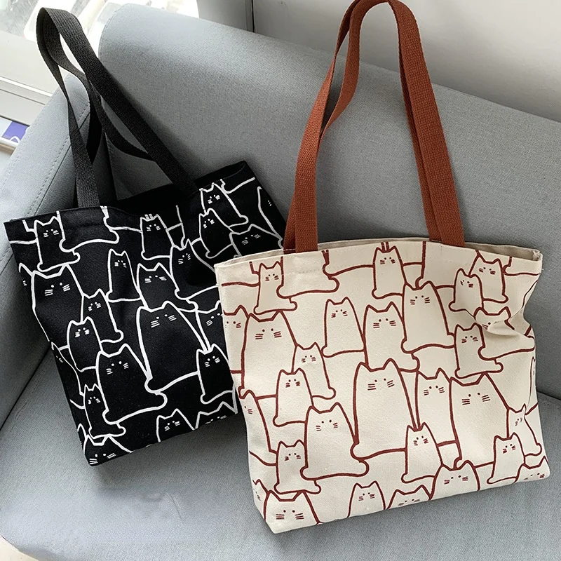 Canvas Bags Handbag For Women Shopper Tote Bag Fashion Designer Bag Japanese Style Cartoon Cute Cats Small Eco Shoulder Canvas Bag Women Handbags