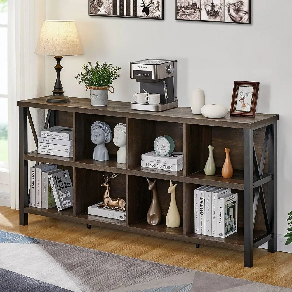 

8 Cube Storage Organizer Bookshelf, Rustic Wood Cubby Bookcase Industrial Horizontal Long Shelf for Living Room